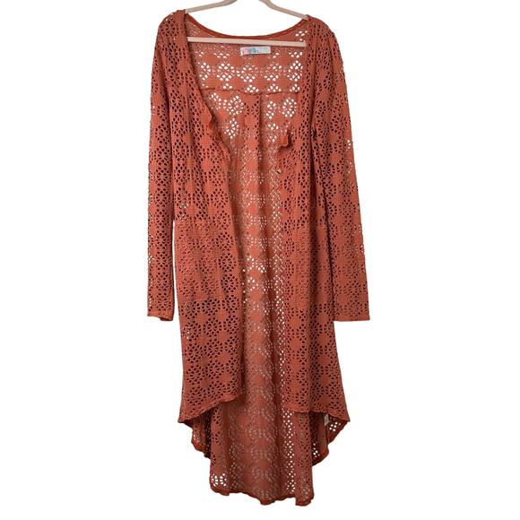 Md Free People Beach Cardigan Cover-Up Orange Open-Knit Pockets Boho Festival - Picture 3 of 7